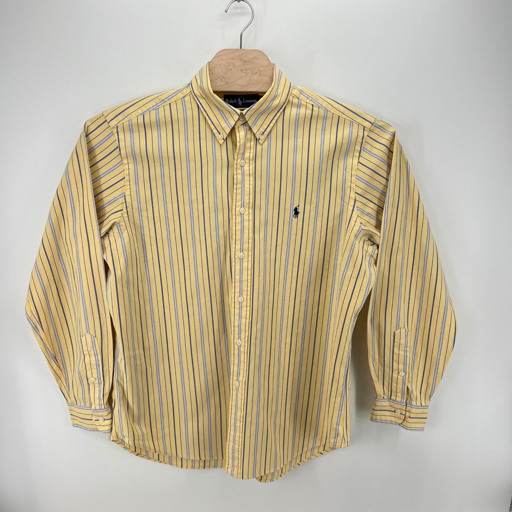 Ralph Lauren Classic Fit Shirt 16.5 34/35 Cotton Striped Yellow Blue Preppy Mens